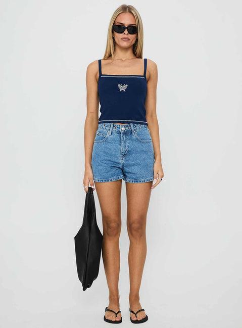 Tropicana Denim Eyelet Detail Shorts Mid Blue Product Image