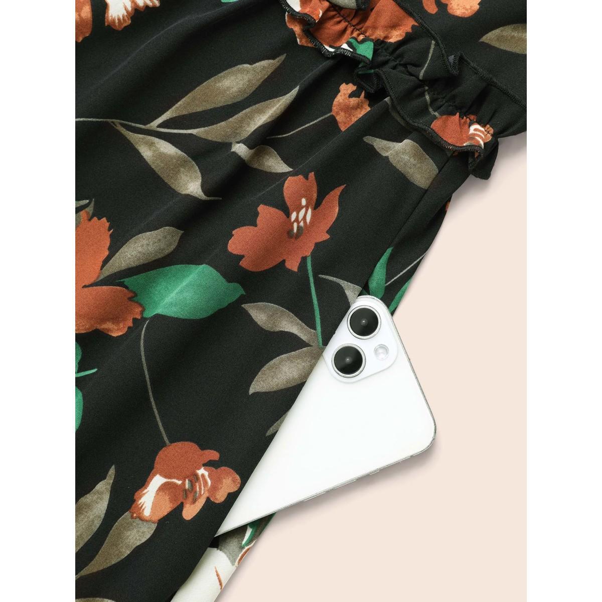 Plus Size Floral Elastic Waist Frill Trim Midi Dress BlackFlower Women Elegant Frill Trim V-neck Long Sleeve Curvy BloomChic 30/6X Product Image