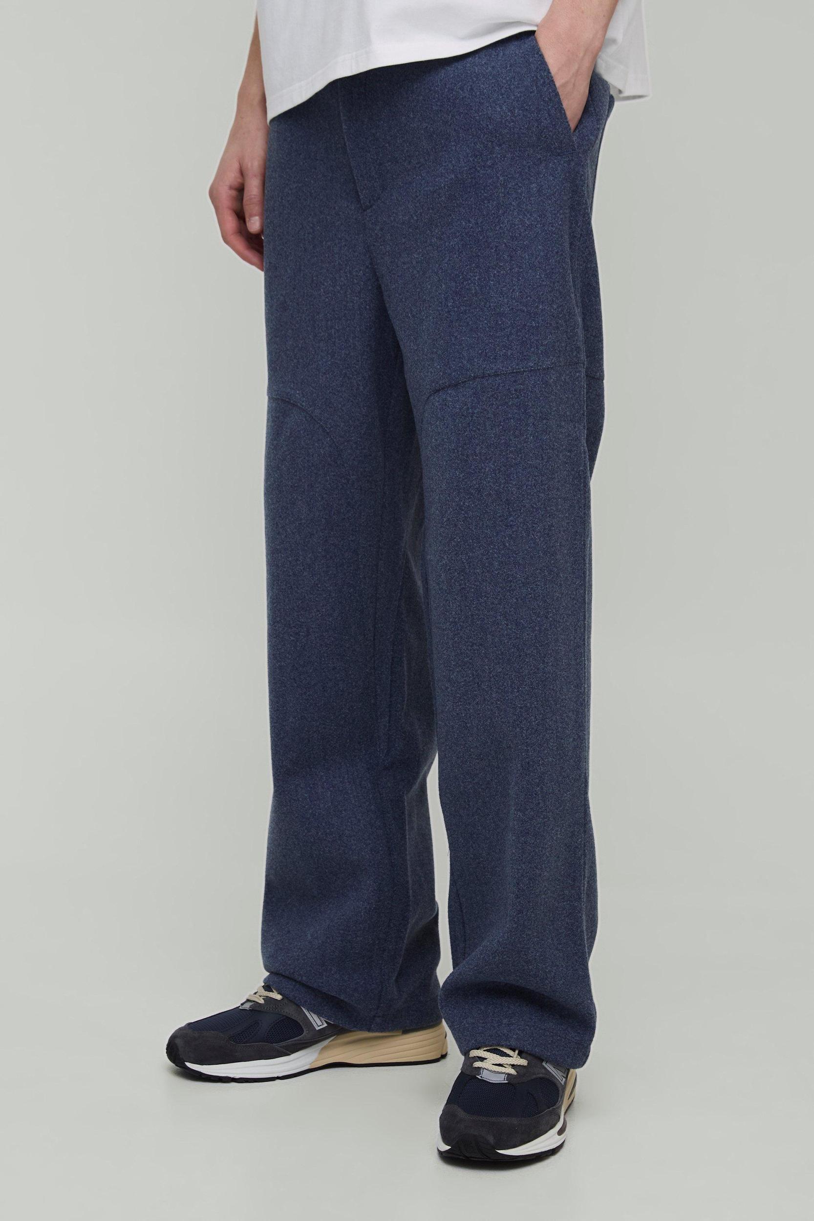 Mens Navy Wool Look Wide Leg Fixed Waist Trouser, Navy Product Image