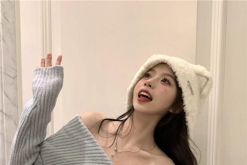 Long Sleeve Off-Shoulder Plain Ribbed-Knit Slim-Fit Sweater Product Image