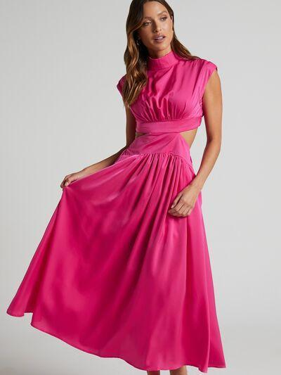 Cutout Mock Neck Sleeveless Ruched Dress Product Image