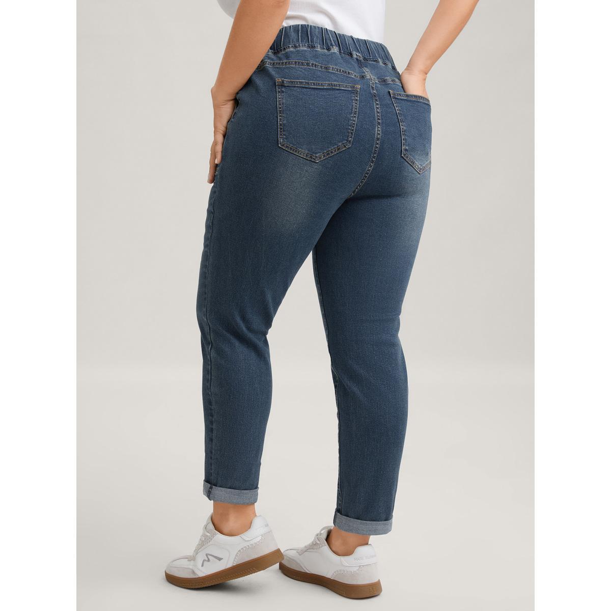 Plus Size Drawstring Elastic Waist Roll Hem Jeans Women DarkBlue Casual Plain Drawstring High stretch Slanted pocket Jeans BloomChic 26/4X Product Image