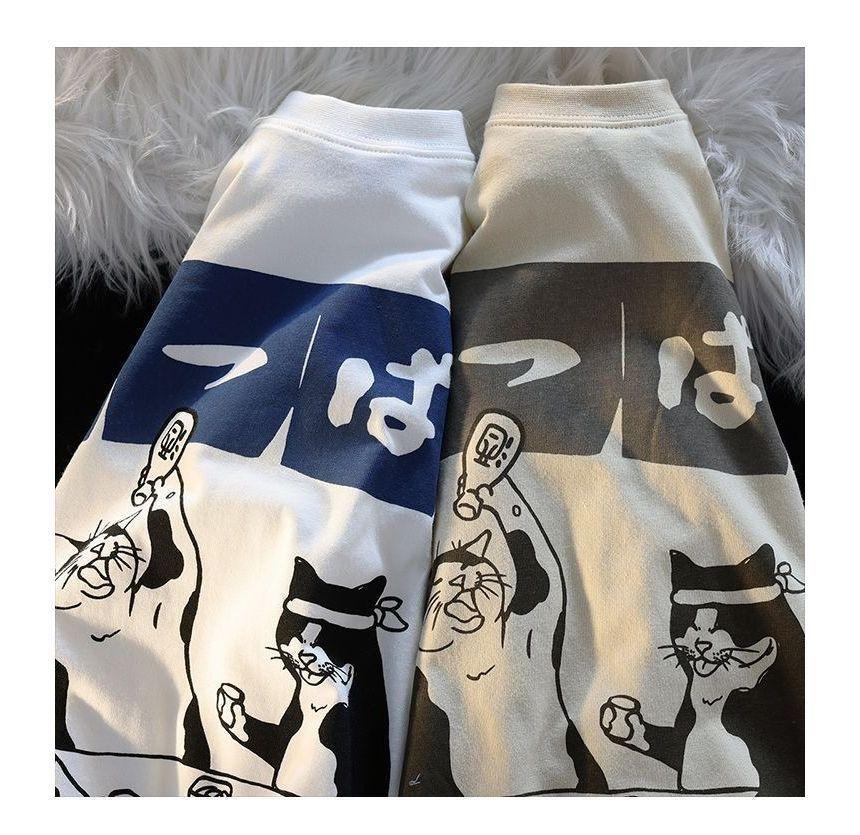 Short-Sleeve Cat Print Loose-Fit Tee Product Image