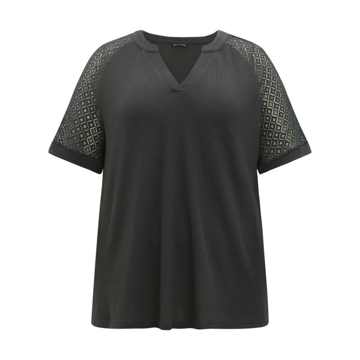 Plus Size Plain Notched Crochet Lace Raglan Sleeve T-shirt Gray Women Elegant Plain Plain Notched collar Dailywear T-shirts BloomChic 26/4X Product Image