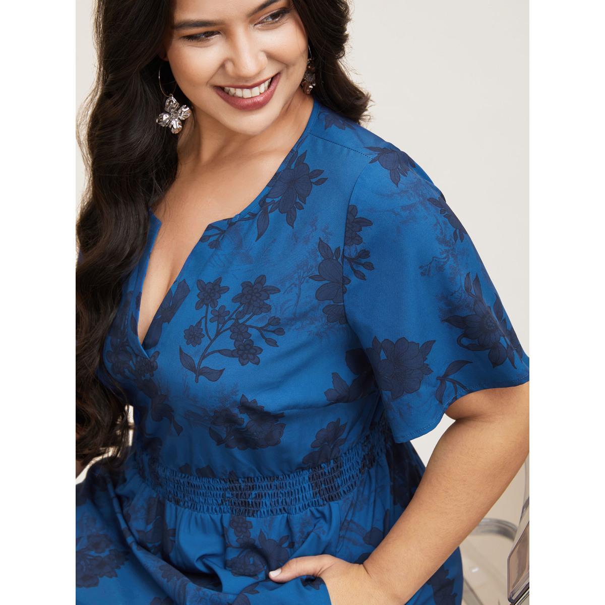 Plus Size Silhouette Flower Shirred Pockets Midi Dress Mediumblue Women Elegant Shirred Notched collar Short sleeve Curvy BloomChic 18-20/2X Product Image