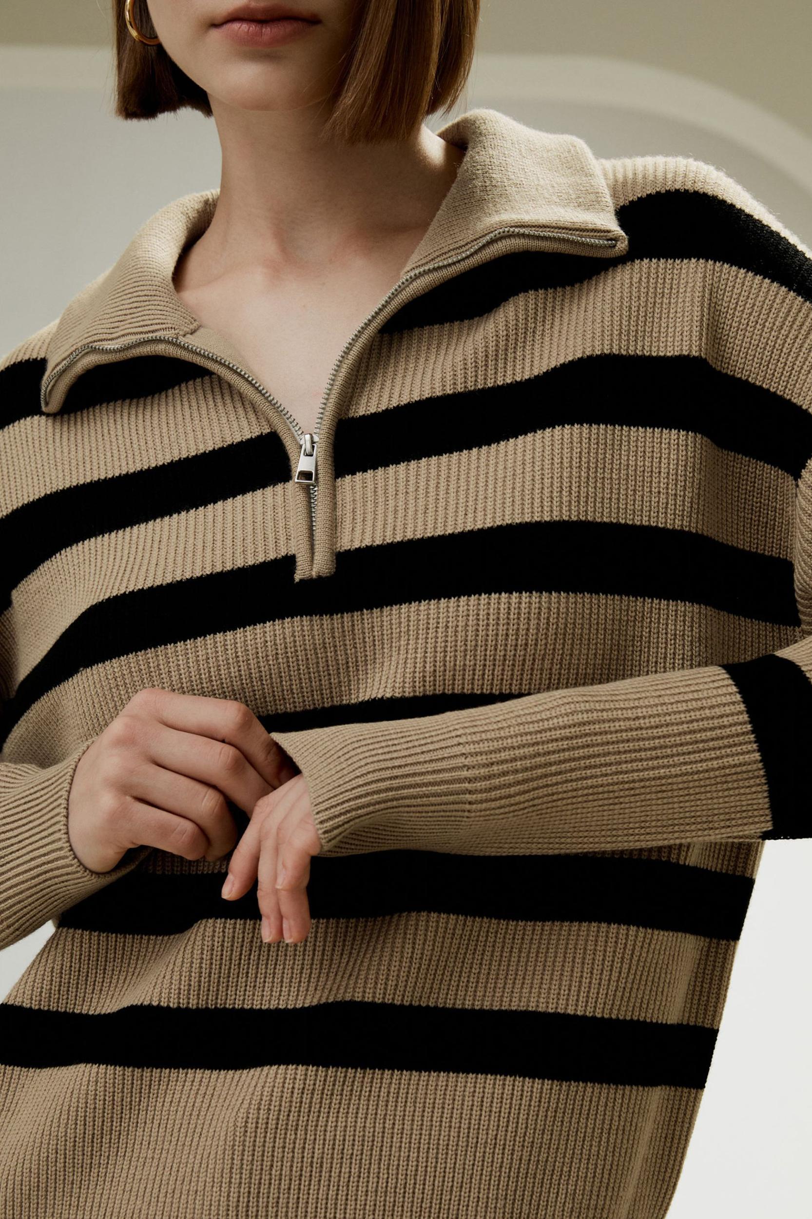 LILYSILK Wool Women's Sweaters Camel with Black Stripes Merino Wool Comfortable Dropped-Shoulder Sweater S Product Image