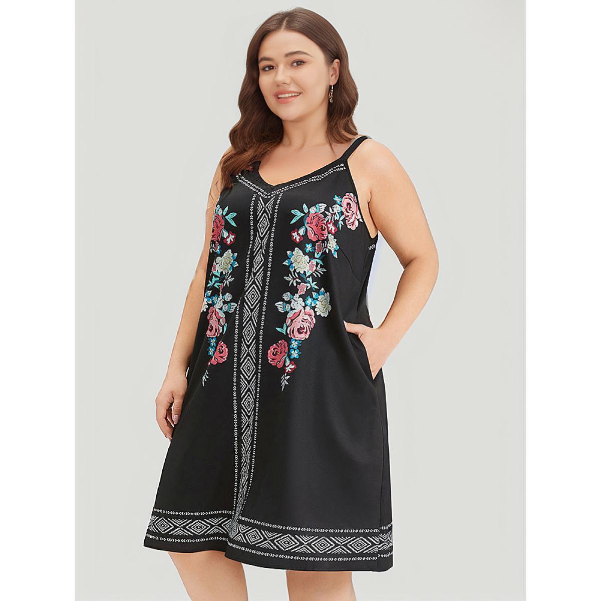 Plus Size Boho Print Pocket Cami Knee Dress Black Women Vacation Printed Spaghetti Strap Sleeveless Curvy Knee Dress BloomChic 26/4X Product Image