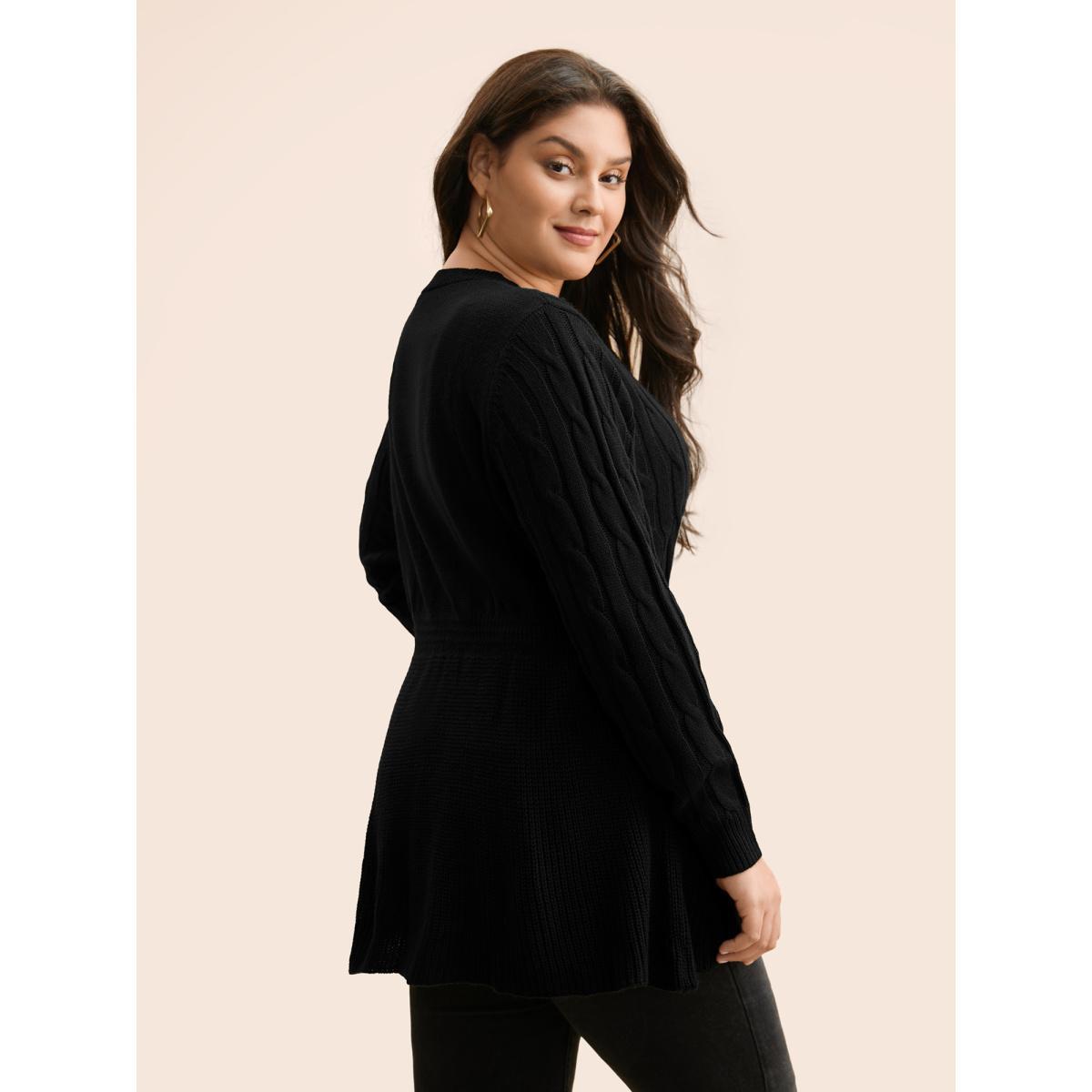 Plus Size Texture Cable Knit Button Detail Pullover Black Women Casual Long Sleeve V-neck Everyday Pullovers BloomChic 26/4X Product Image