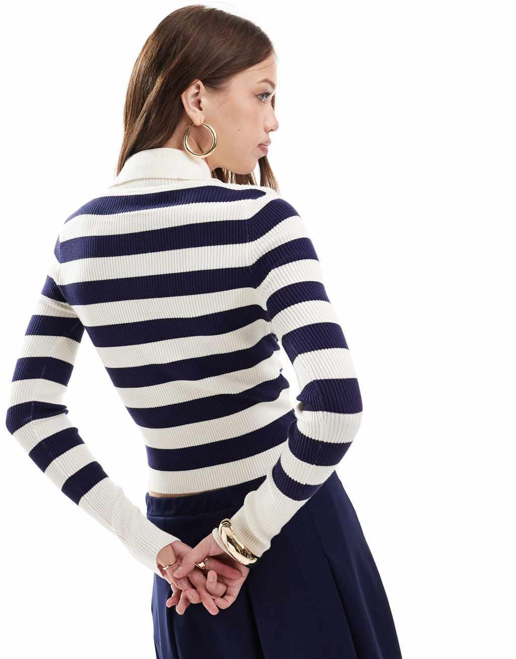 Miss Selfridge rib knit half zip collar detail top in navy and cream stripe Product Image