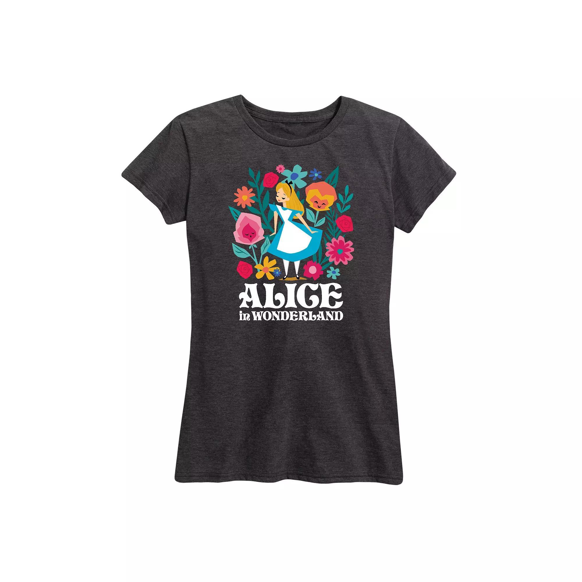 Disneys Alice in Wonderland Womens Flowers Graphic Tee, Girls Heather Grey Product Image