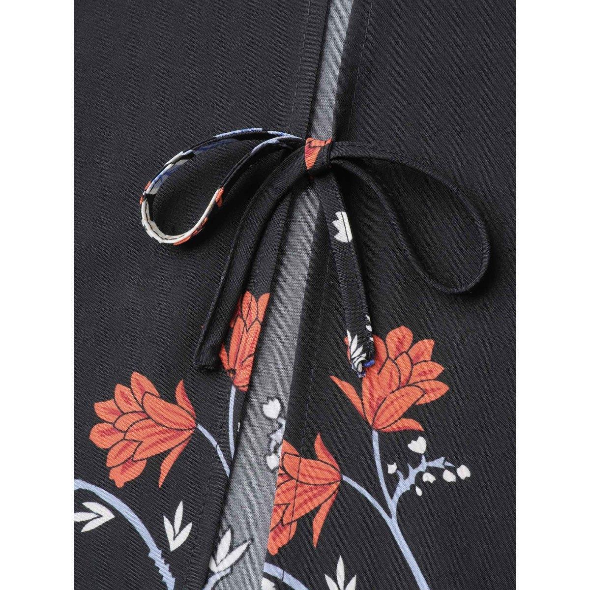 Plus Size Romantic Floral Print Vacation Kimono Cardigan Women Black Resort Tie knot Loose Vacation Kimonos BloomChic 28/5X Product Image