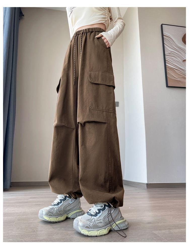Drawstring Waist Plain Wide Leg Cargo Pants Product Image