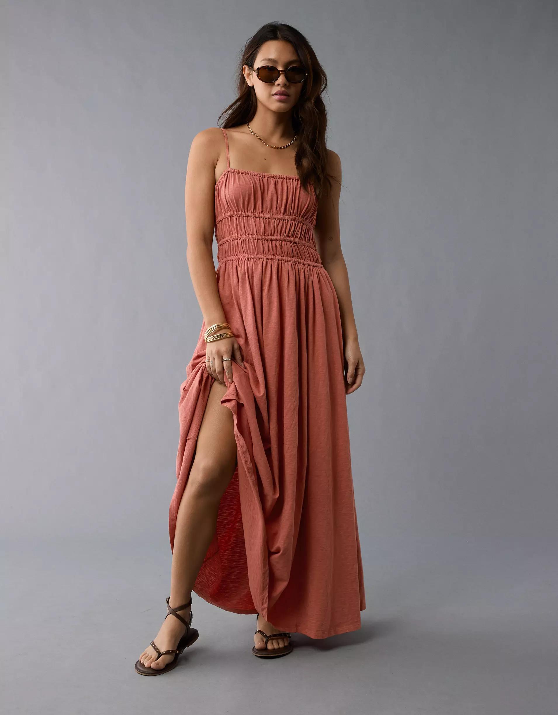 AE Sunchaser Knit Smocked Bodice Striped Midi Dress Product Image