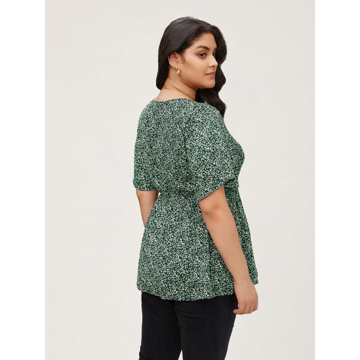 Plus Size DarkGreen Ditsy Floral Shirred Ruffle Sleeve Elastic Waist Blouse Women Elegant Short sleeve V-neck Everyday Blouses BloomChic 22-24/3X Product Image