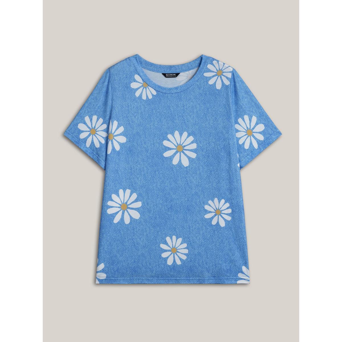 Plus Size Stretchy Floral Print Round Neck T-shirt LightBlue Women Casual Non Natural Flowers Round Neck Everyday T-shirts BloomChic 14-16/1X Product Image