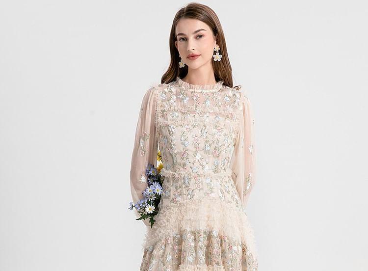 Long Sleeve Round Neck Floral Embroidered Frill Mesh Maxi A-Line Dress Product Image