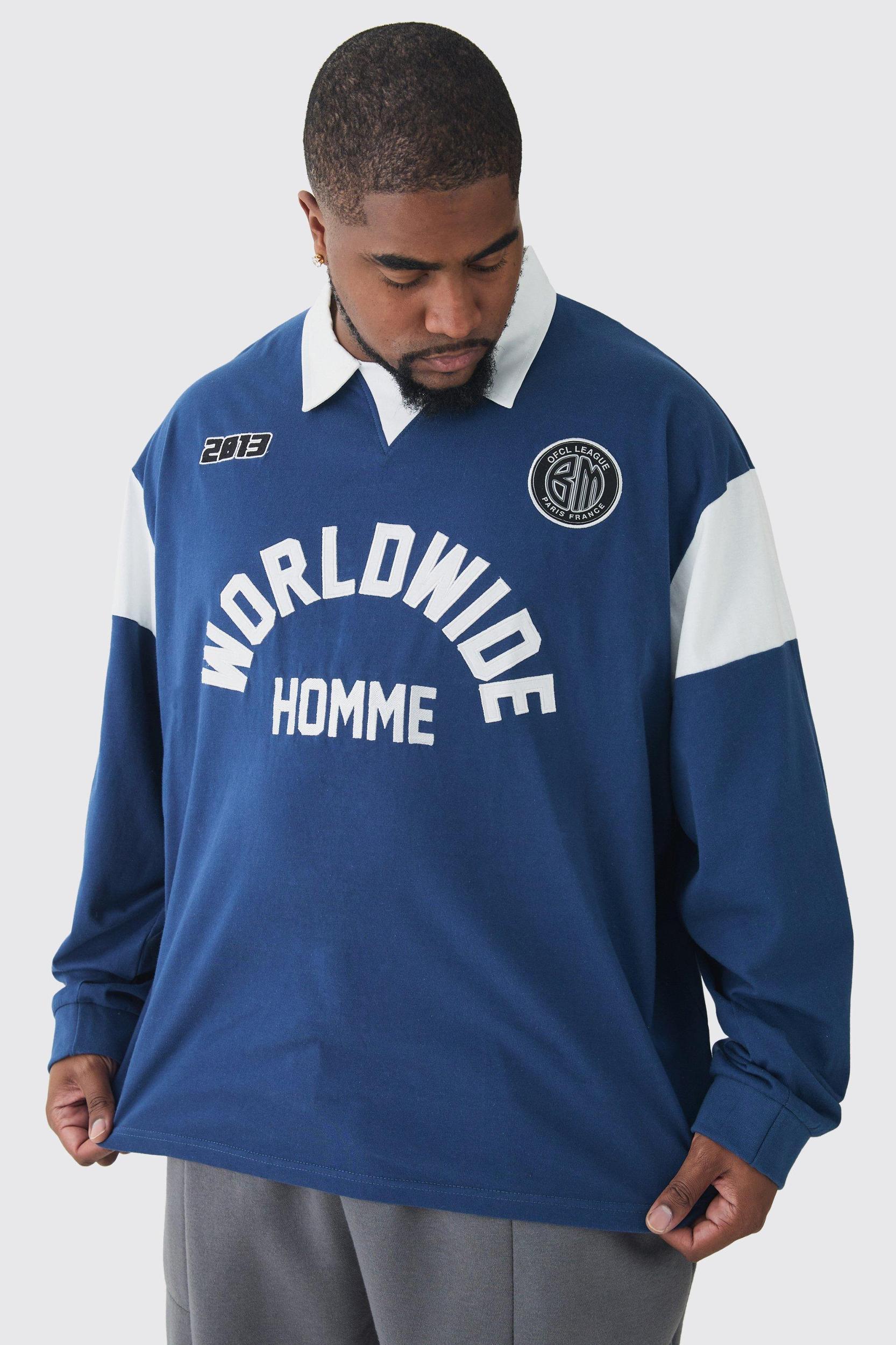 Mens Brown Plus Oversized Worldwide Applique Rugby Polo, Brown Product Image