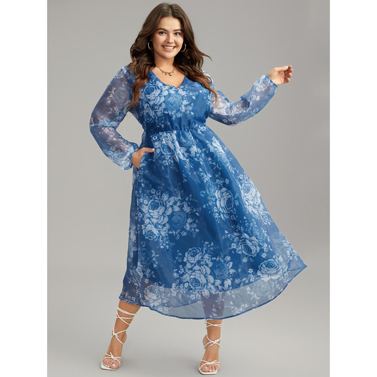 Plus Size Silhouette Floral Print Elastic Cuffs Mesh Dress Cerulean Women Elegant Elastic cuffs V-neck Long Sleeve Curvy Midi Dress BloomChic 28/5X Product Image