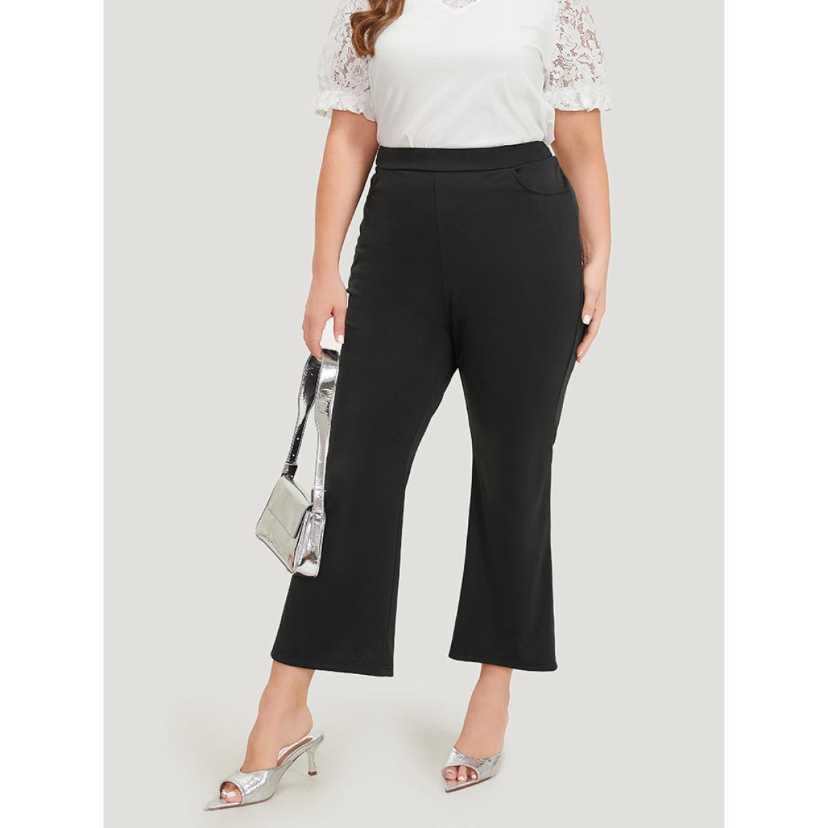 Plus Size Solid Elastic Waist Slant Pocket Bootcut Pants Women Black Office High Rise Work Pants BloomChic 26/4X Product Image
