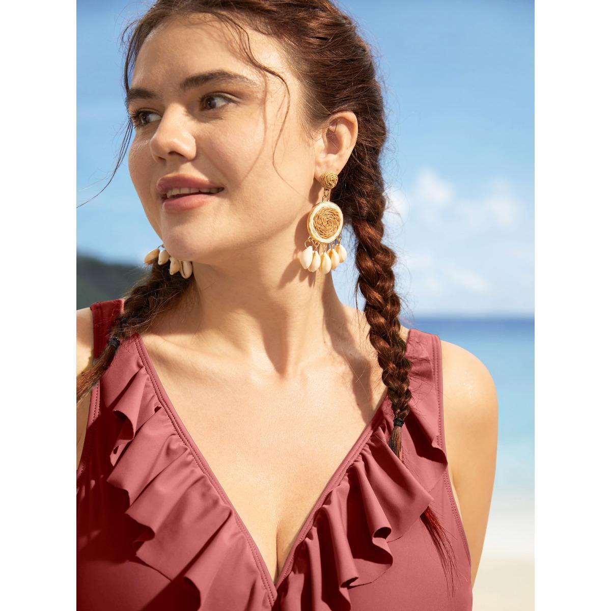 Plus Size Solid Ruffle Surplice Neck Trim Swim Top Women's Swimwear Russet Beach Ruffles High stretch Skinny Overlap Collar Curve Swim Tops BloomChic 26/4X Product Image