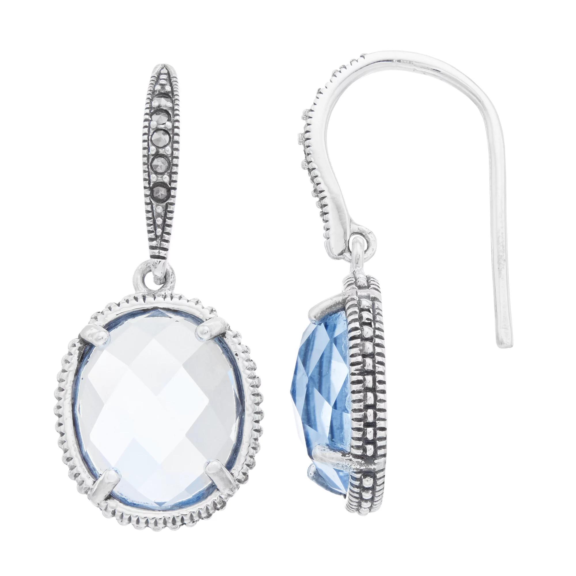 Lavish by TJM Sterling Silver Oval Lab Created Blue Quartz & Marcasite Earwire Earrings, Women's Product Image