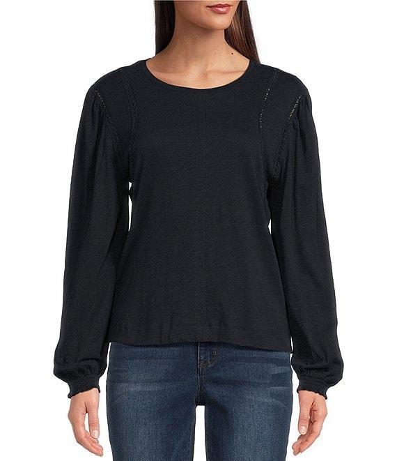 Democracy Knit Crew Neck Long Sleeve Crochet Fagoting Detail Top Product Image