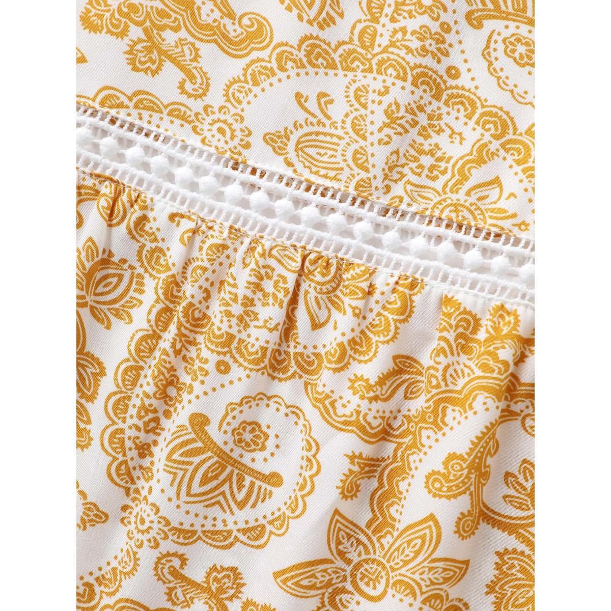 Plus Size Paisely Print Lace Trim Wide-Leg Pants Women Lightyellow Resort Wide Leg Mid Rise Vacation Pants BloomChic 28/5X Product Image