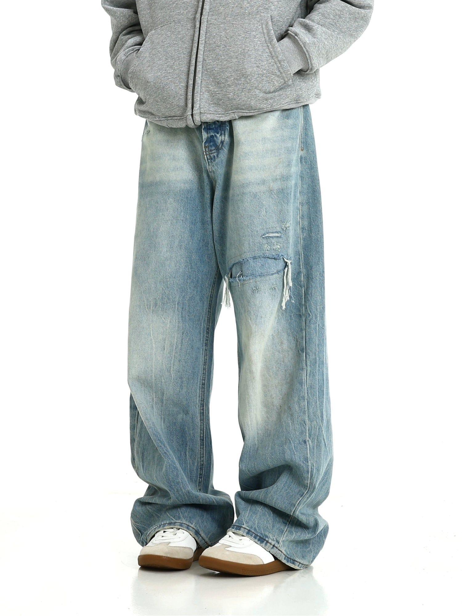 RT No. 10366 BLUE DISTRESSED WIDE STRAIGHT DENIM JEANS Product Image