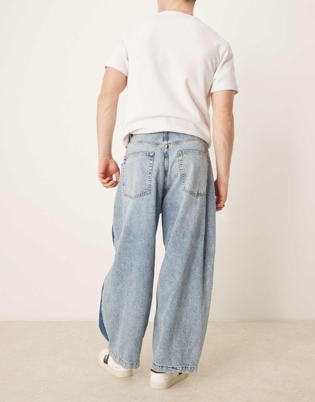 ASOS DESIGN baggy balloon jeans in mid blue with side panels Product Image