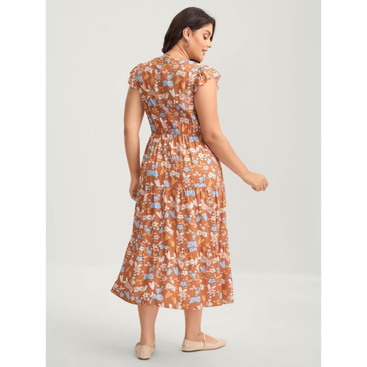 Plus Size Rayon Floral Stretchy Waist Pockets Midi Dress Lightorange Women Notched collar Cap Sleeve Curvy BloomChic 12/L Product Image