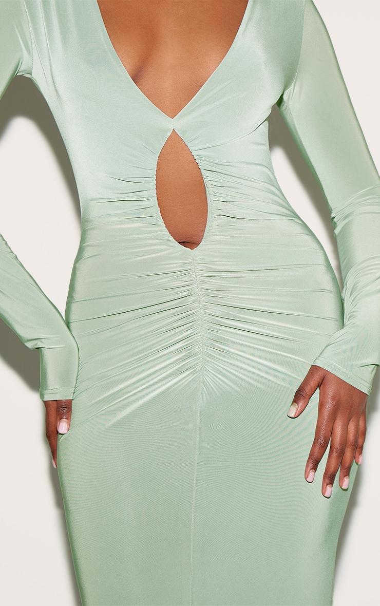  Sage Green Double Layer Plunge Ruched Maxi Dress Product Image
