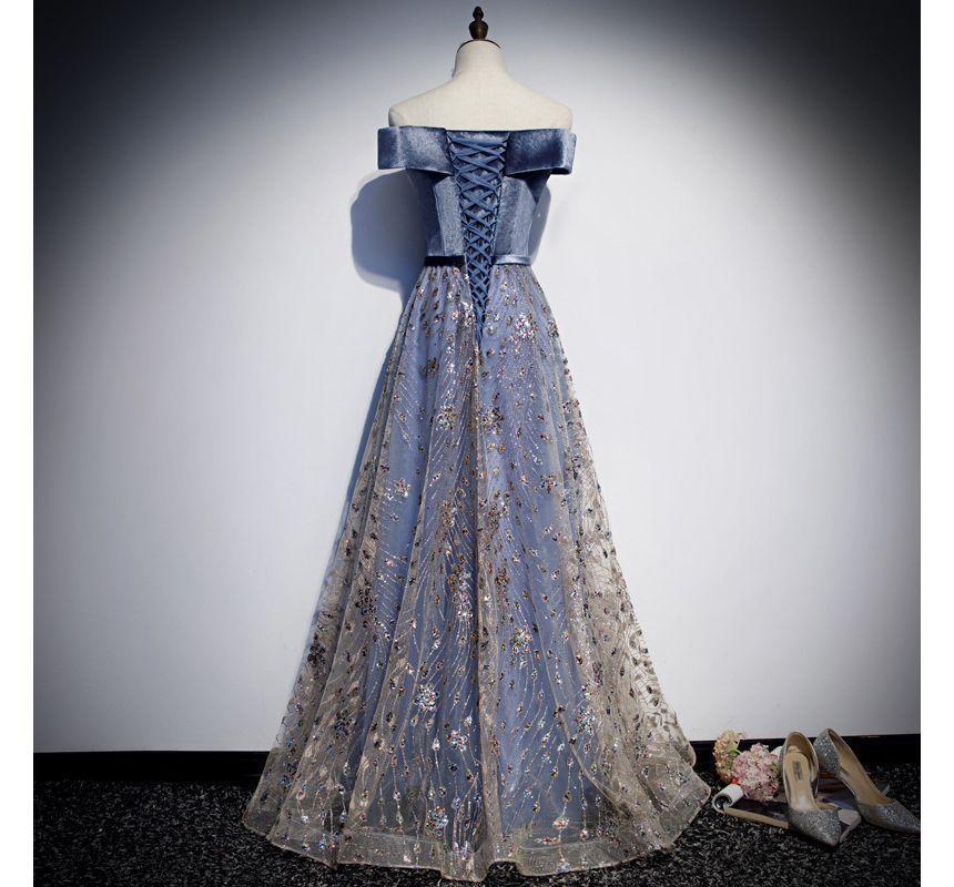 Off Shoulder Plain Sequin Glitter Velvet Panel Mesh A-Line Wrap Evening Gown Product Image