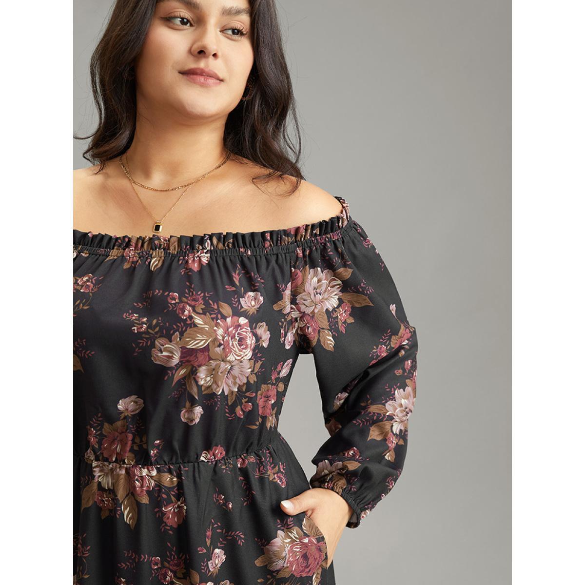 Plus Size Off Shoulder Floral Frill Trim Lantern Sleeve Dress Black Women Elegant Elastic cuffs One-shoulder neck Long Sleeve Curvy Midi Dress BloomChic 22-24/3X Product Image
