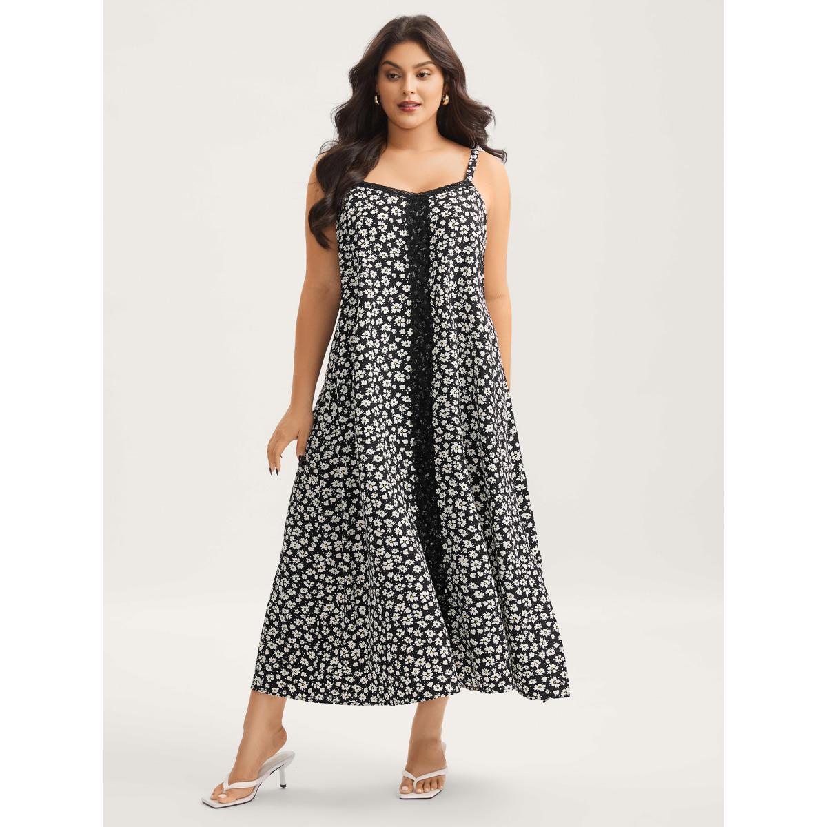 Plus Size Floral Lace Front Flowy Midi Dress BlackFlower Women Non Sleeveless Curvy BloomChic 30/6X Product Image