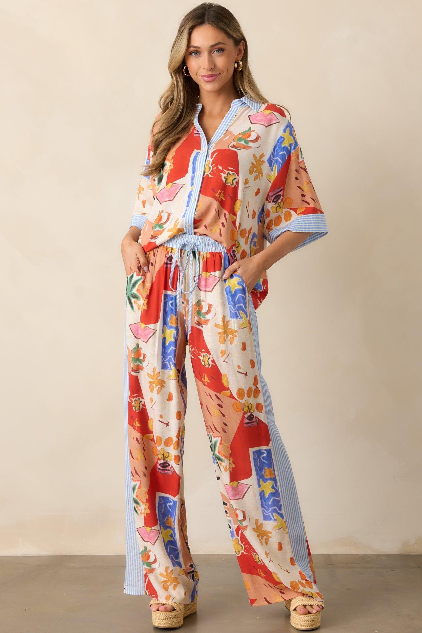 Sunset Tides Red Multi Tropical Print Button Front Top Product Image