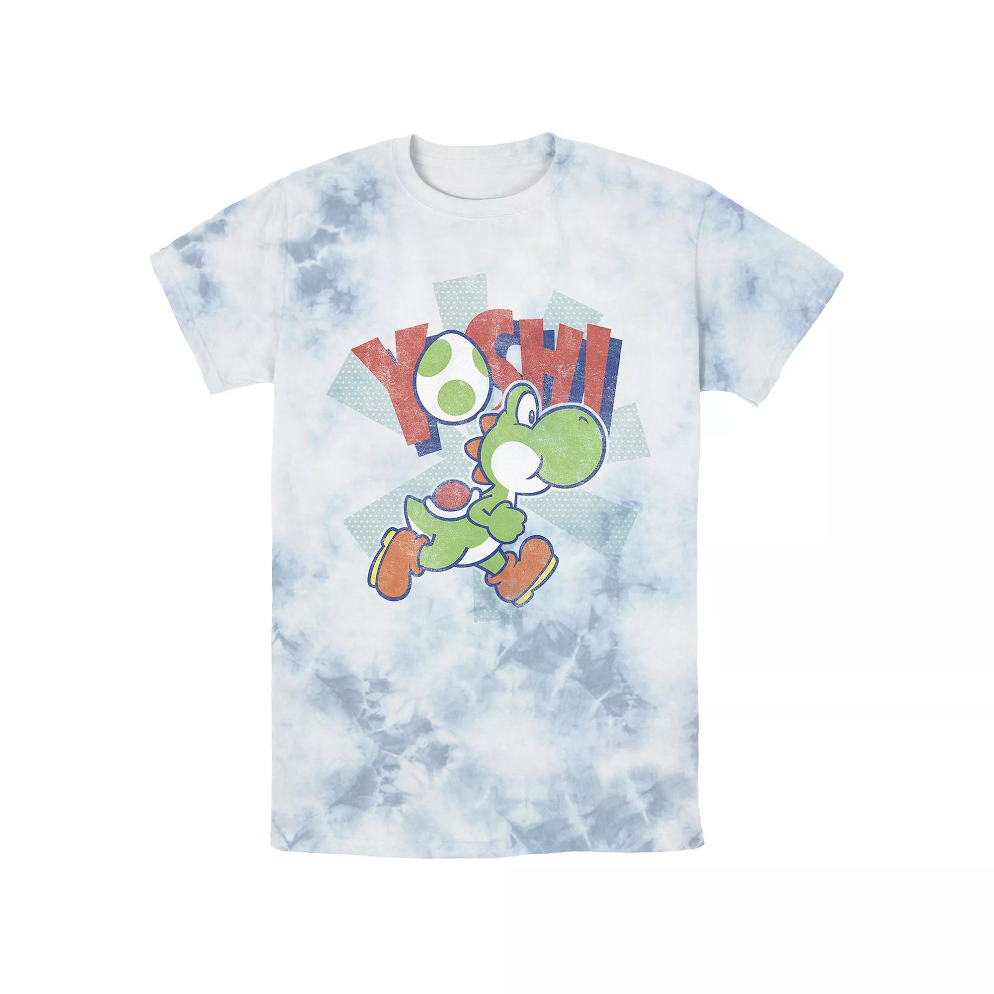 Men's Super Mario Bros. Yoshi Running Bombard Wash Tee, Size: Small, White Blue Product Image