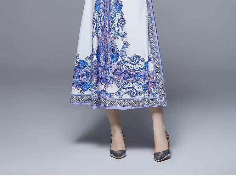 Long Sleeve Stand Collar Patterned Print Belted Button Midi A-Line Dress Product Image