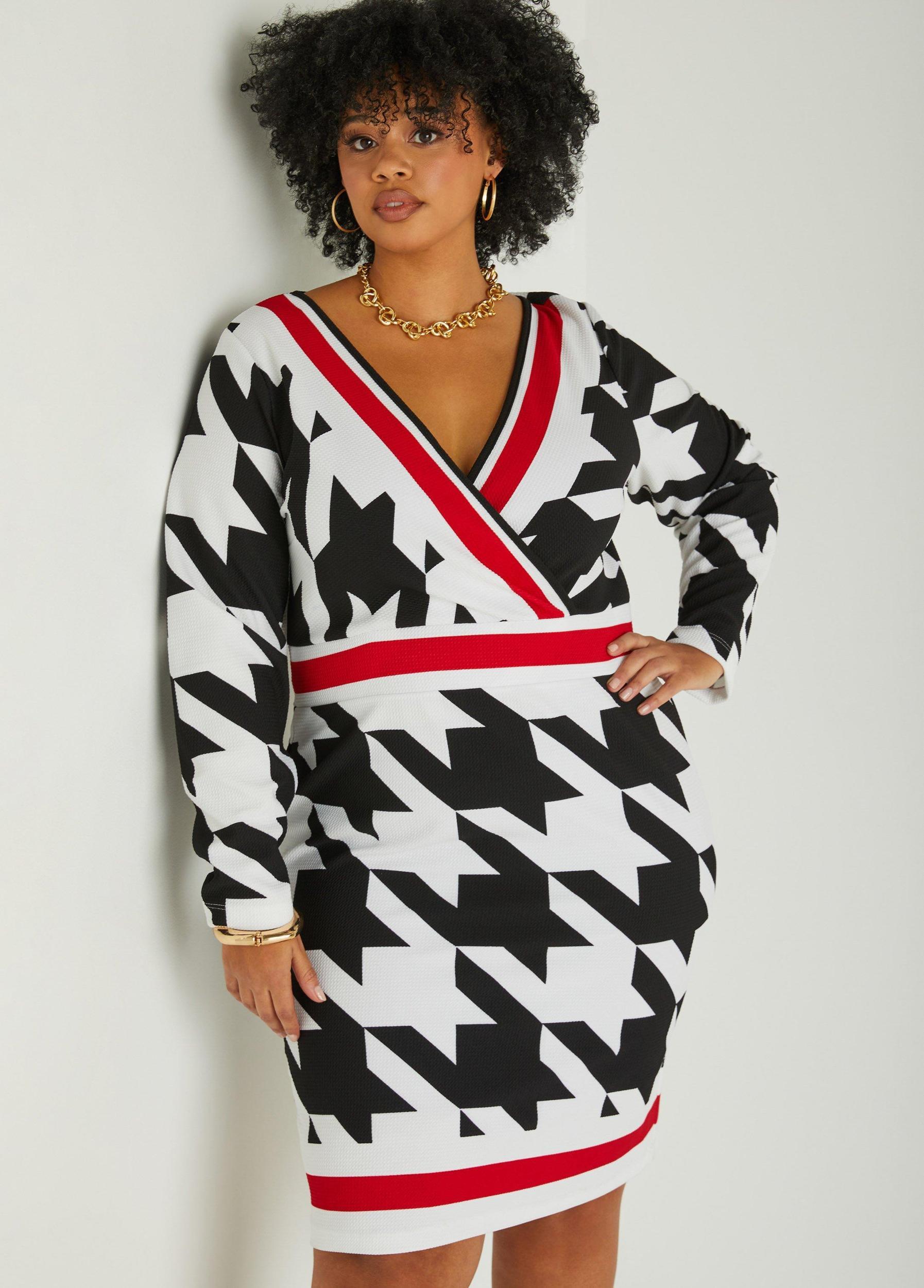Plus Size Houndstooth Faux Wrap Sheath Dress Ashley Stewart Product Image