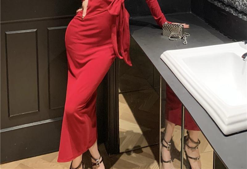 Long-Sleeve V-Neck Wrapped Plain Maxi Sheath Dress Product Image