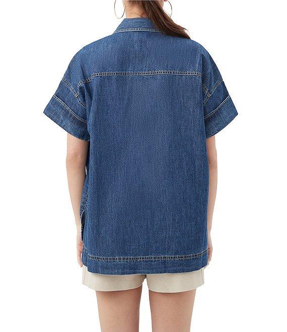Trina Turk Opponent Denim Point Collar Short Sleeve Button Front Boxy Top Product Image