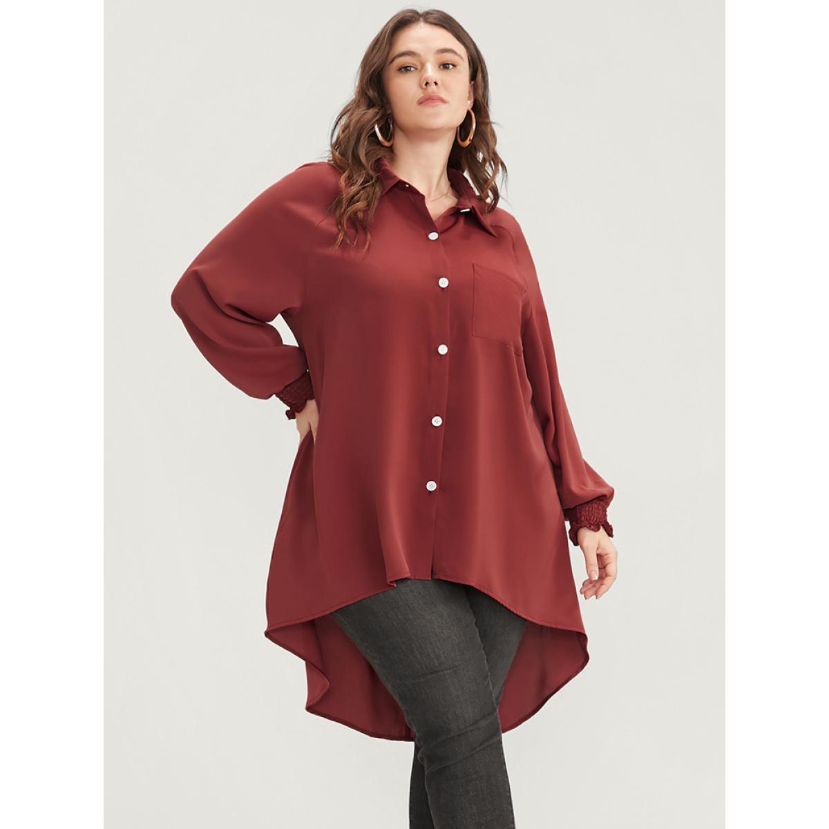 Plus Size Russet Solid Shirred Pocket Button Up High Low Hem Blouse Women Office Long Sleeve Shirt collar Work Blouses BloomChic 10/M Product Image