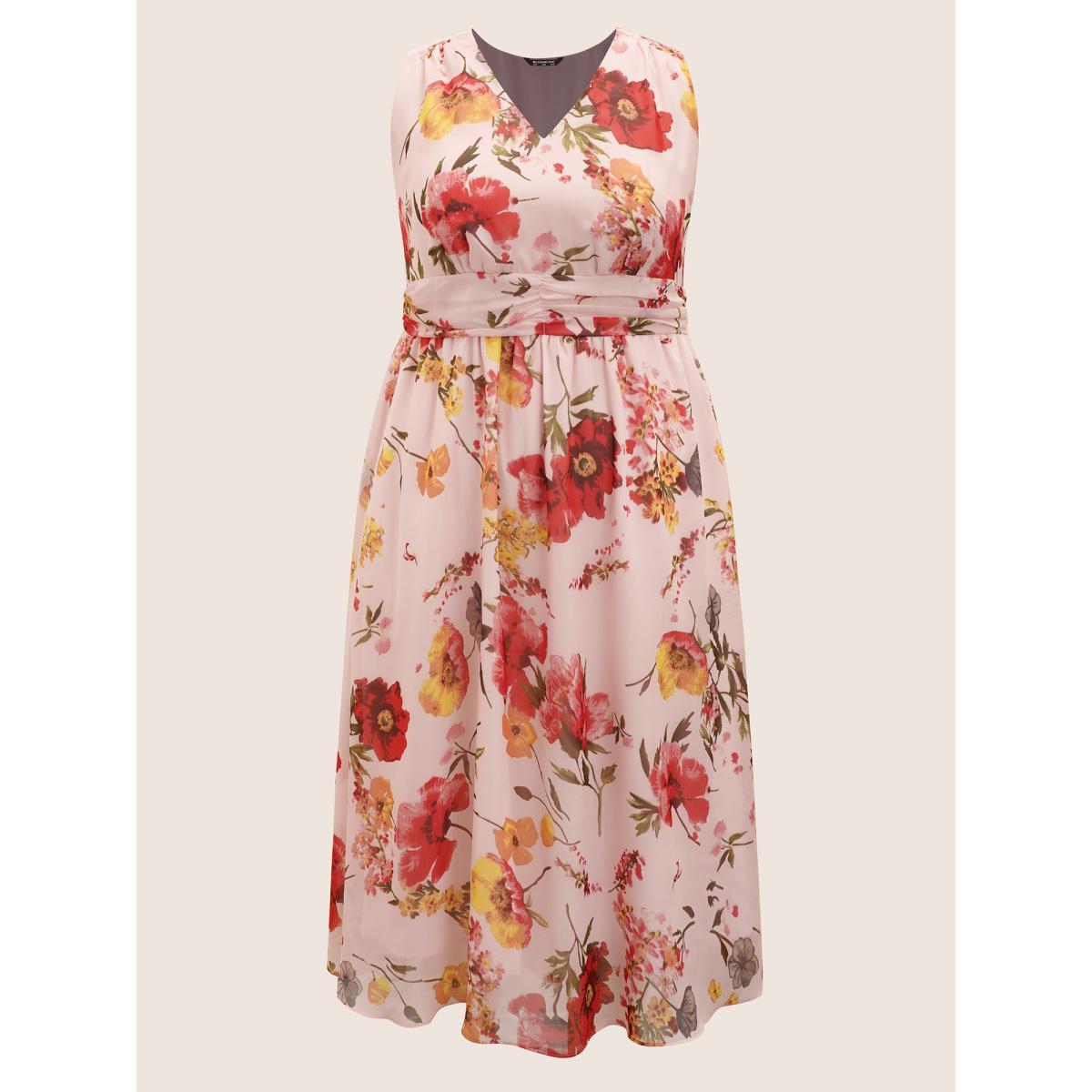 Plus Size V Neck Floral Ruched Sleeveless Dress Blush Women Elegant V-neck Sleeveless Curvy BloomChic 18-20/2X Product Image