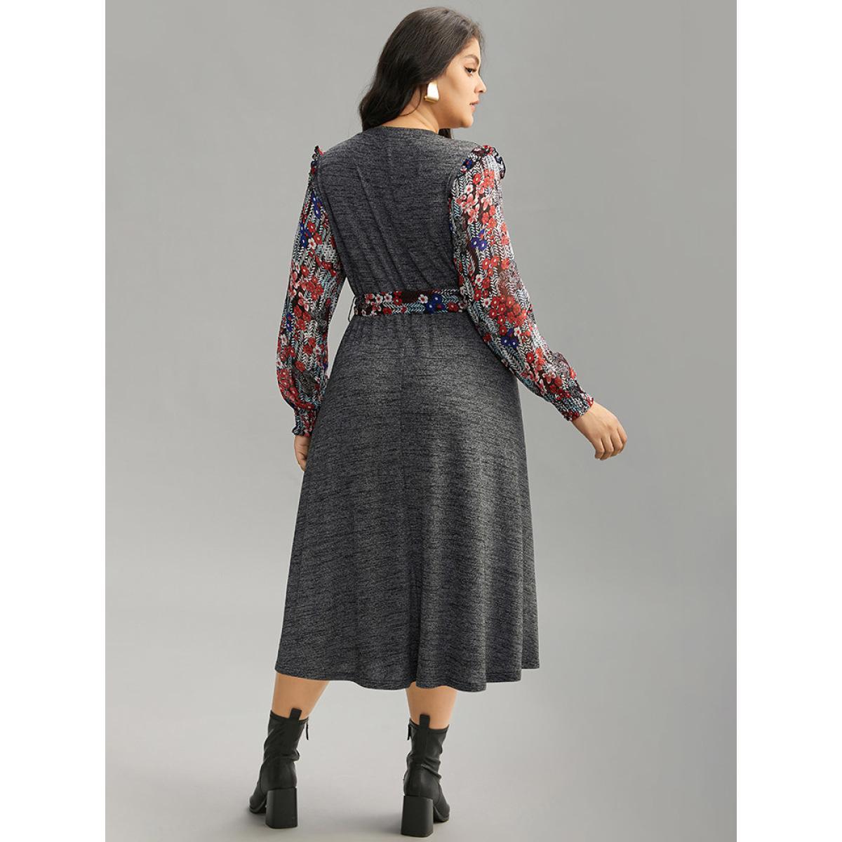Plus Size Ditsy Floral Patchwork Ruffle Trim Belted Dress DimGray Women Casual Belted Round Neck Long Sleeve Curvy Midi Dress BloomChic 18-20/2X Product Image