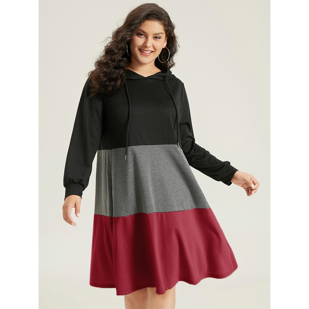 Plus Size Colorblock Contrast Hooded Drawstring Dress DarkGreen Women Casual Contrast Hooded Long Sleeve Curvy Midi Dress BloomChic 26/4X Product Image
