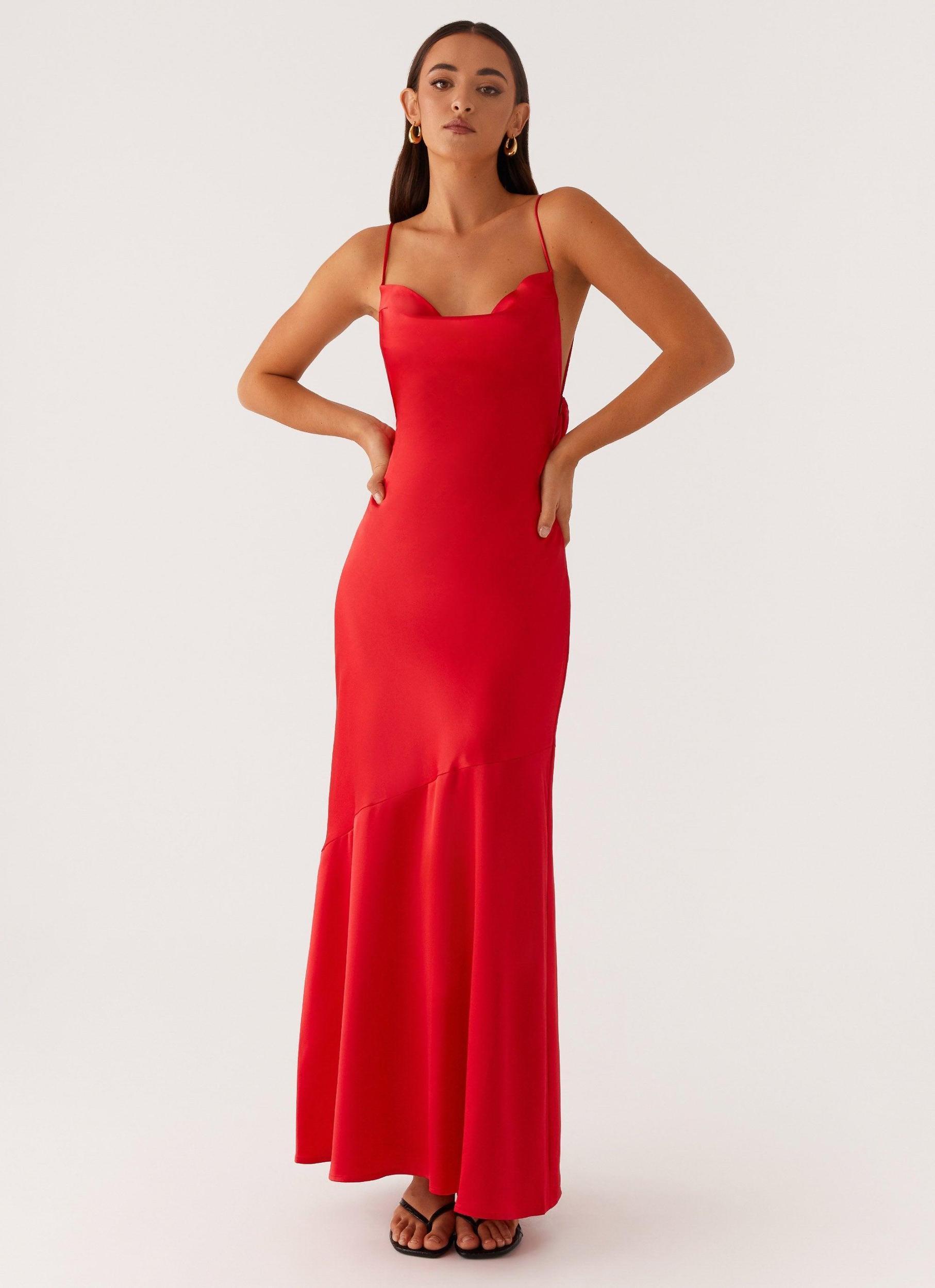 Alianna Cowl Neck Satin Maxi Dress - Red Product Image