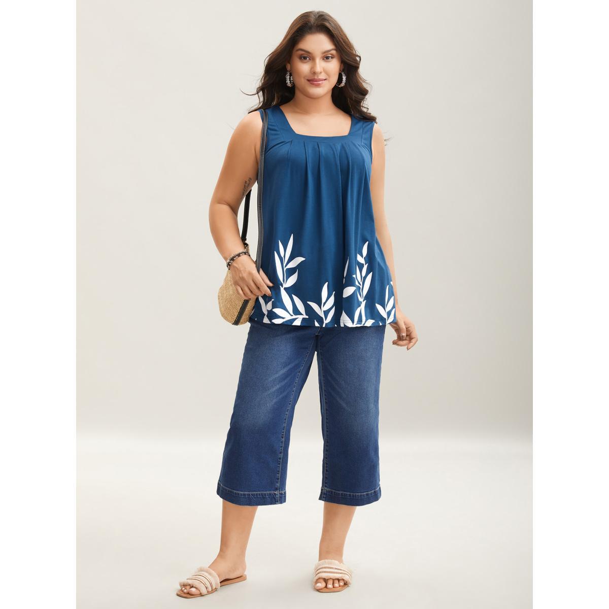 Plus Size Leafy Printed Hem Pleated Sleeveless Top Women Mediumblue Resort Pleated Square Neck Vacation Tank Tops Camis BloomChic 14-16/1X Product Image