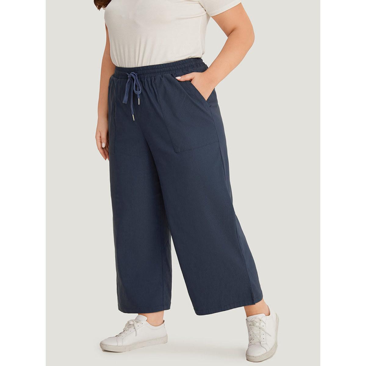 Plus Size Plain Pocket Drawstring Split HemWide leg Pants Women Indigo Office Loose Mid Rise Work Pants BloomChic 12/L Product Image
