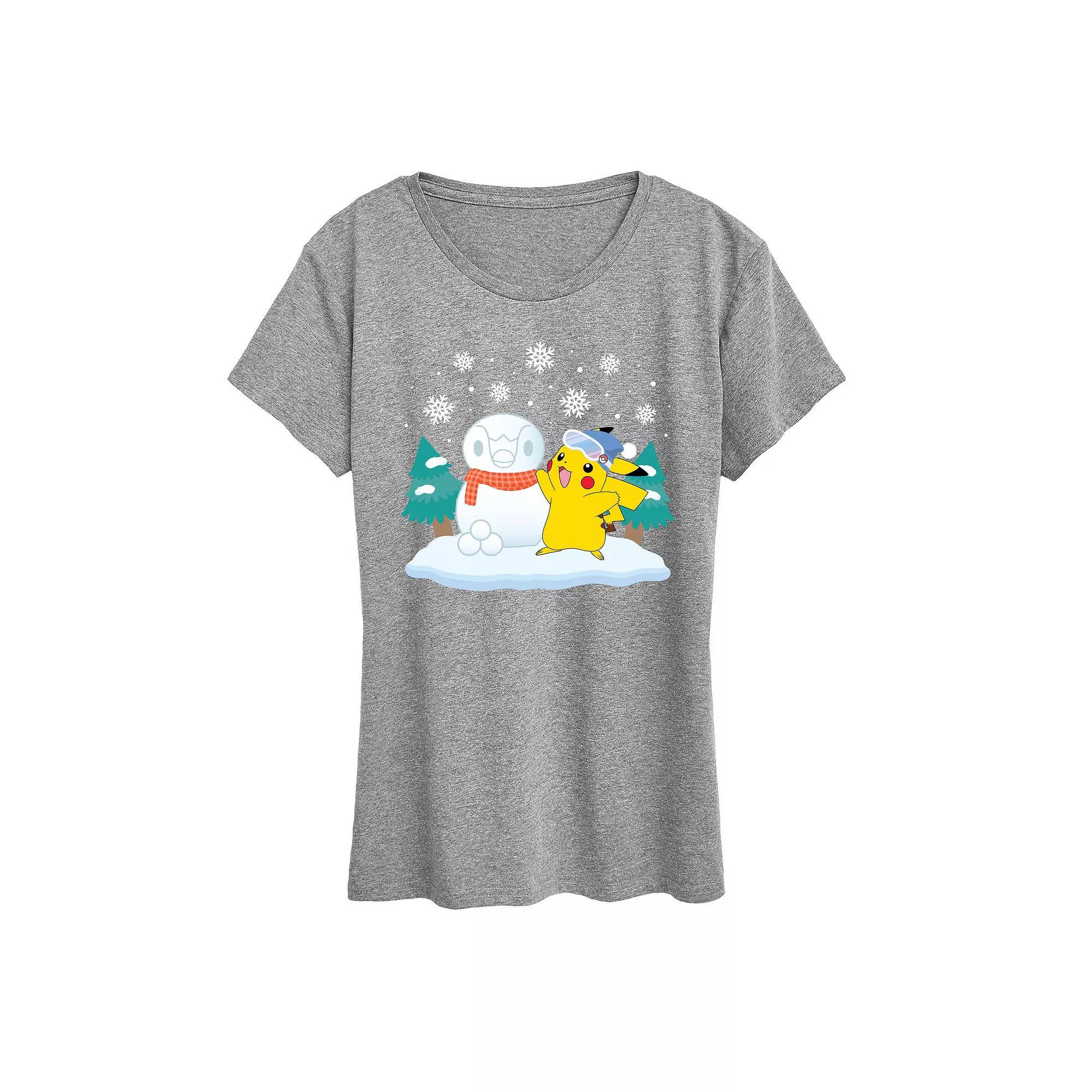 Womens Pokemon Pikachu Piplup Snowman Graphic Tee Grey Green Product Image