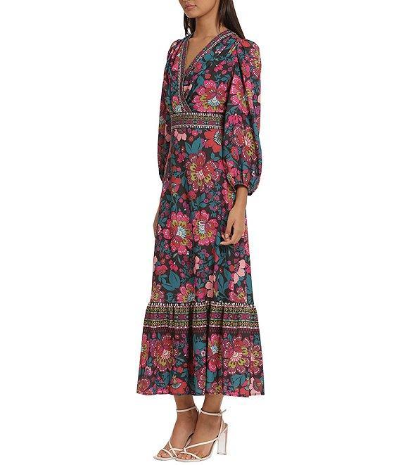 Donna Morgan Stretch Floral Printed Surplice V Neckline Long Puff Sleeve Maxi Dress Product Image