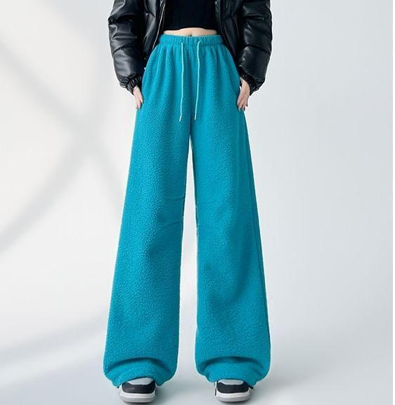 Drawstring Waist Fleece Plain Sweatpants Product Image